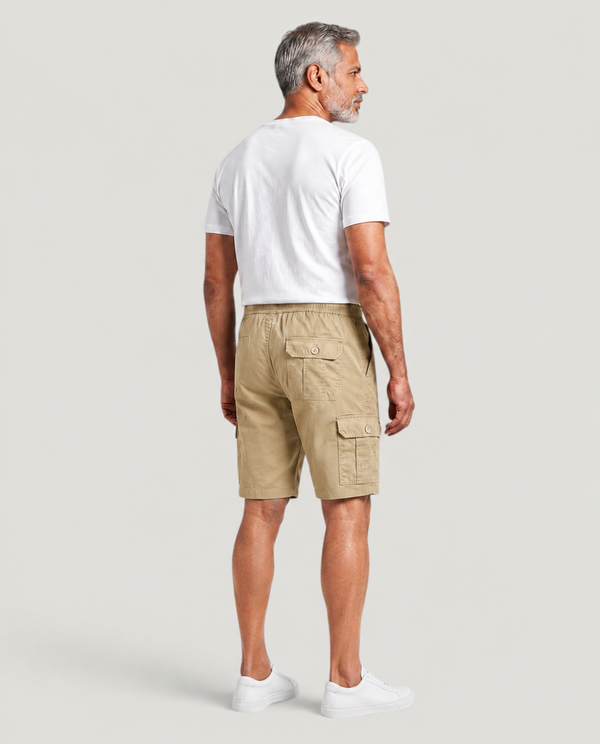 Beige Urban Souls Cargo Bermuda, back view on model