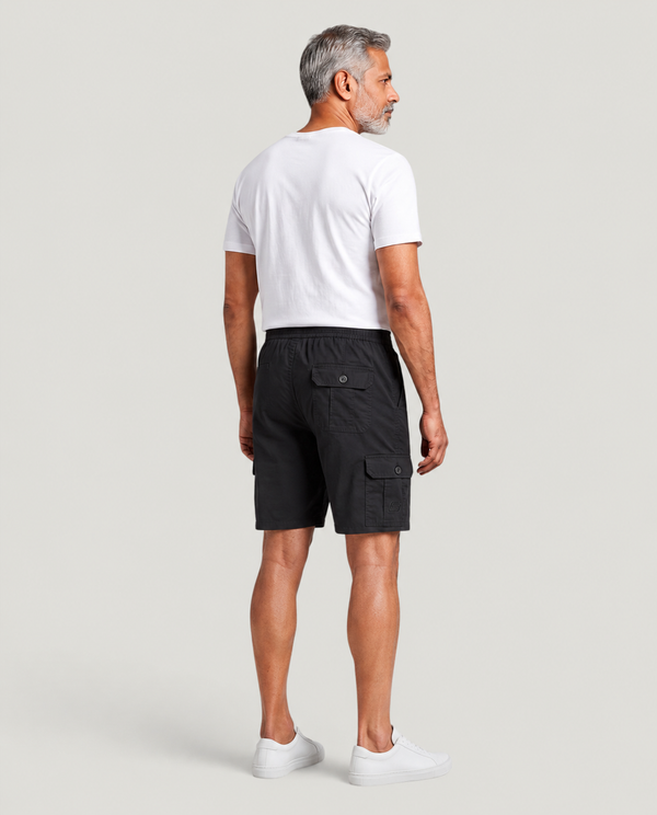 Black Urban Souls Cargo Bermuda, back view on model