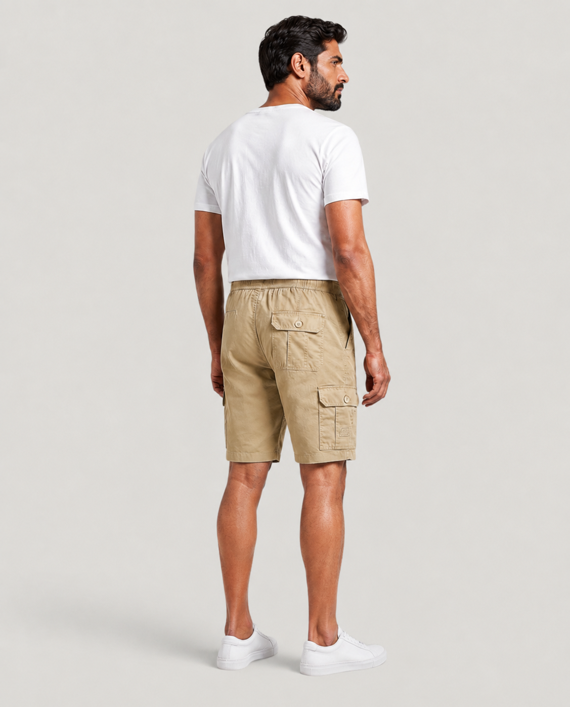 Beige Urban Souls Cargo Bermuda, back view on model