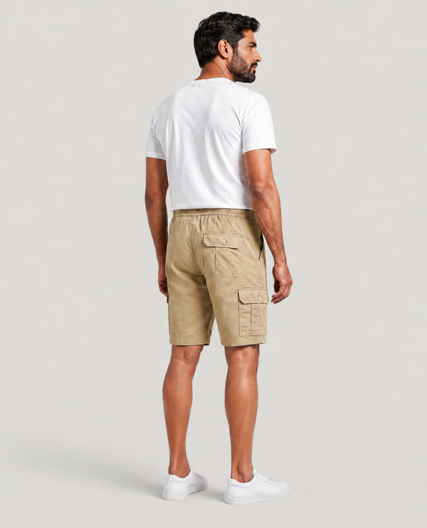 Beige Urban Souls Cargo Bermuda, back view on model