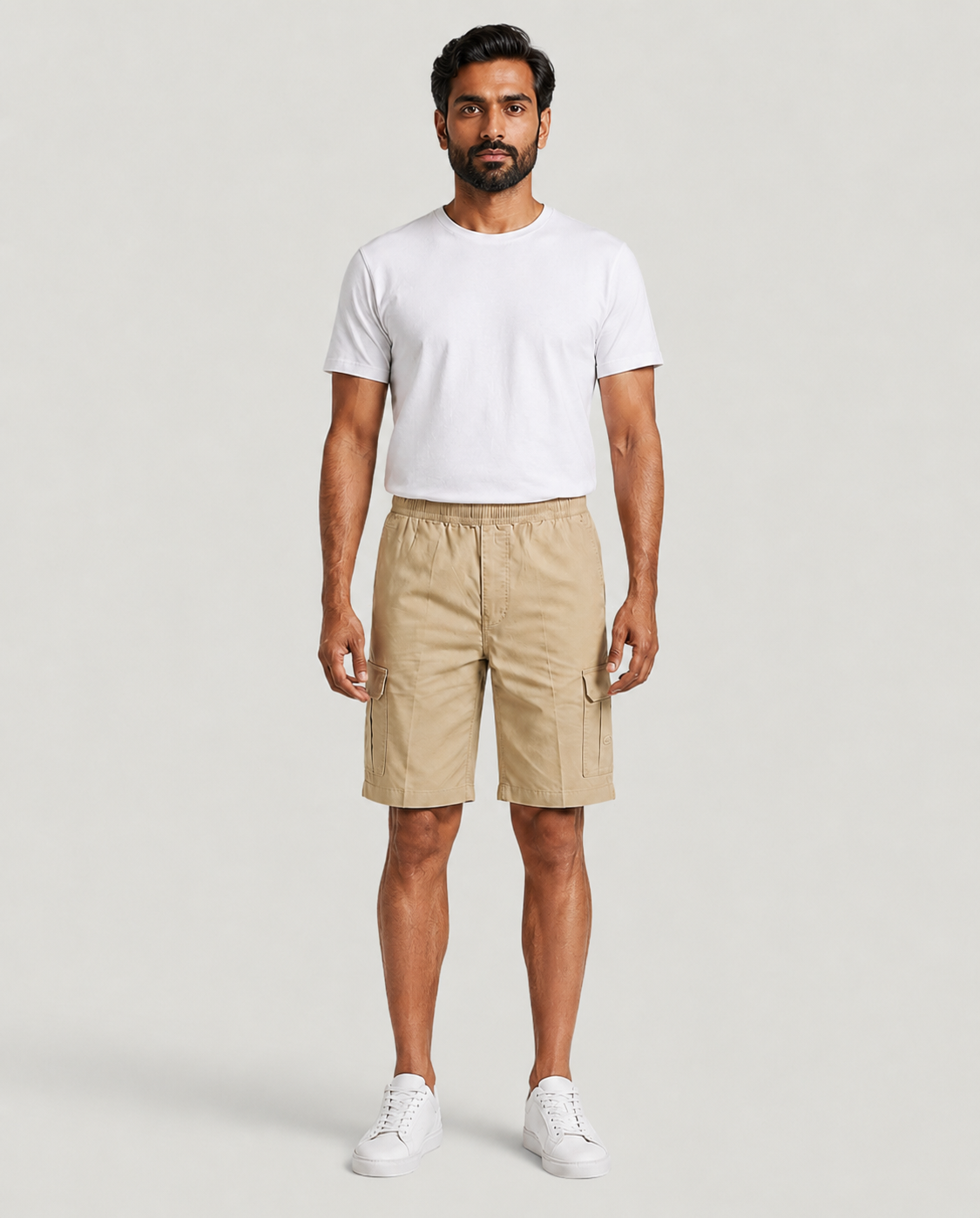 Beige Urban Souls Cargo Bermuda, front on model