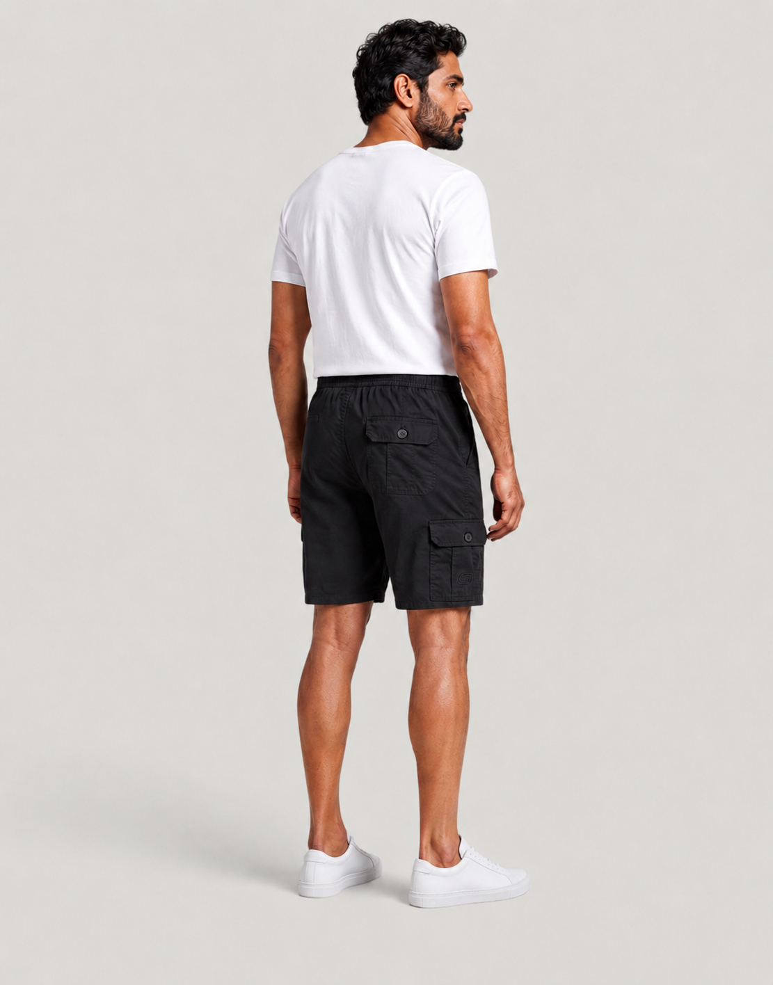 Black Urban Souls Cargo Bermuda, back view on model