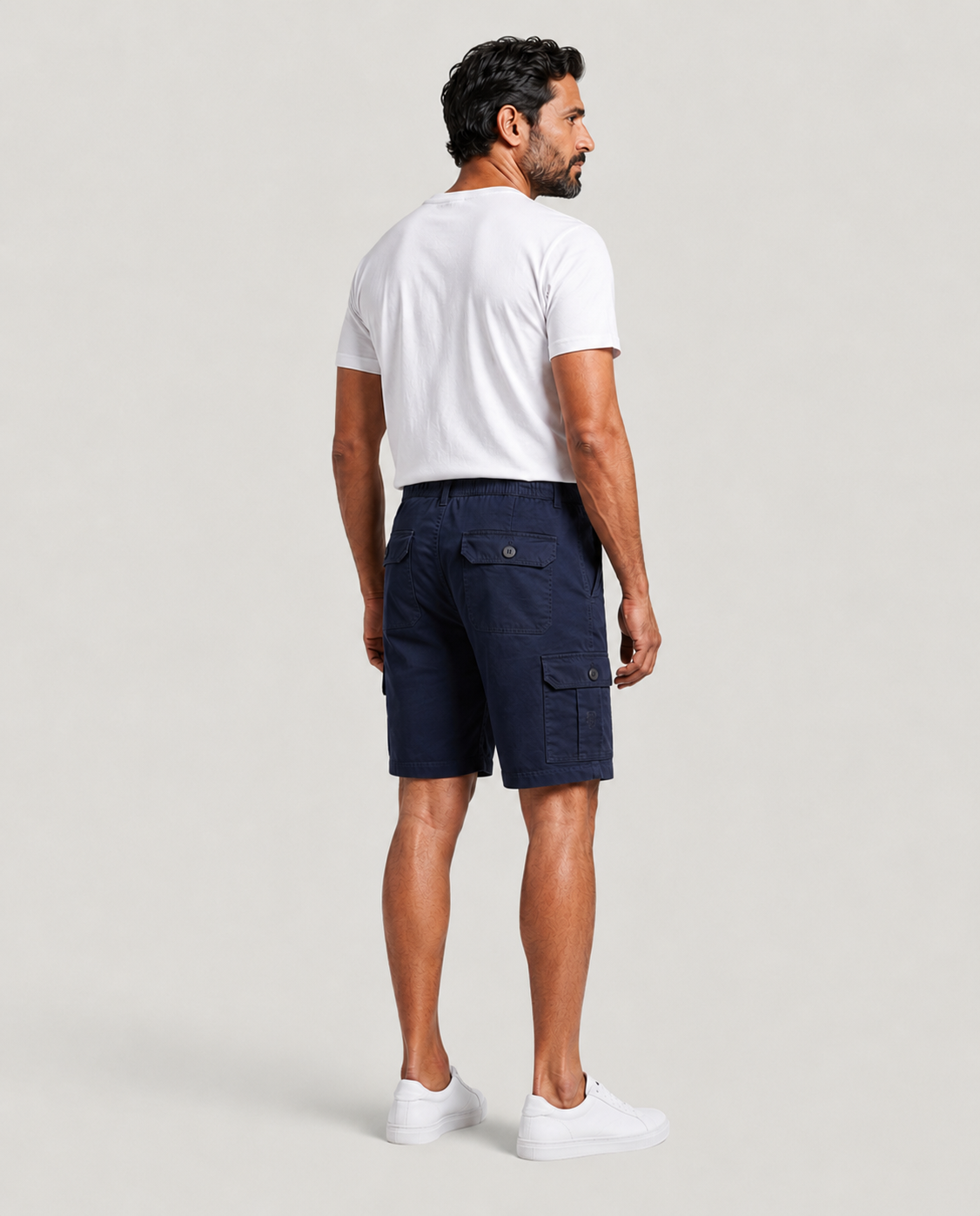 Navy Urban Souls Cargo Bermuda, back view on model