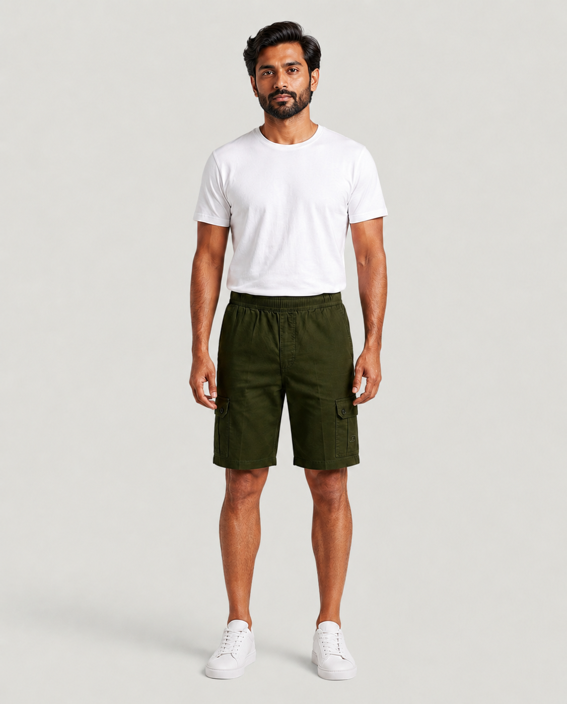 Olive Urban Souls Cargo Bermuda, front on model